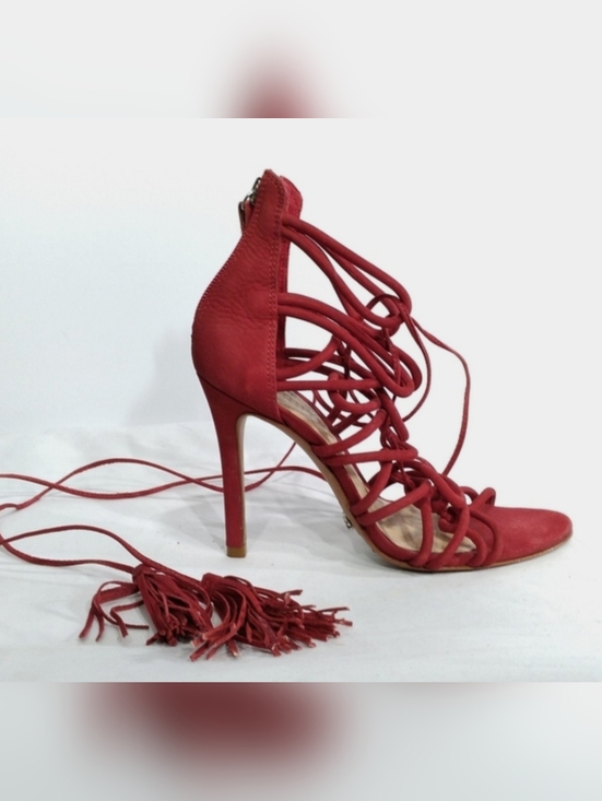 SCHUTZ Shoes - SCHUTZ Valquis Red Nubuck Leather Laced Caged Stiletto Heeled Sandals w/…